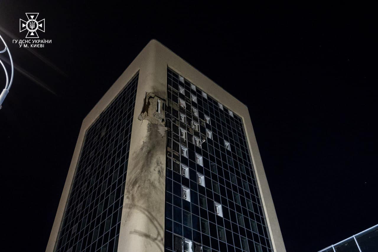 Archive exterior photo of a Kyiv building damaged by drone debris on 2 August 2023.
