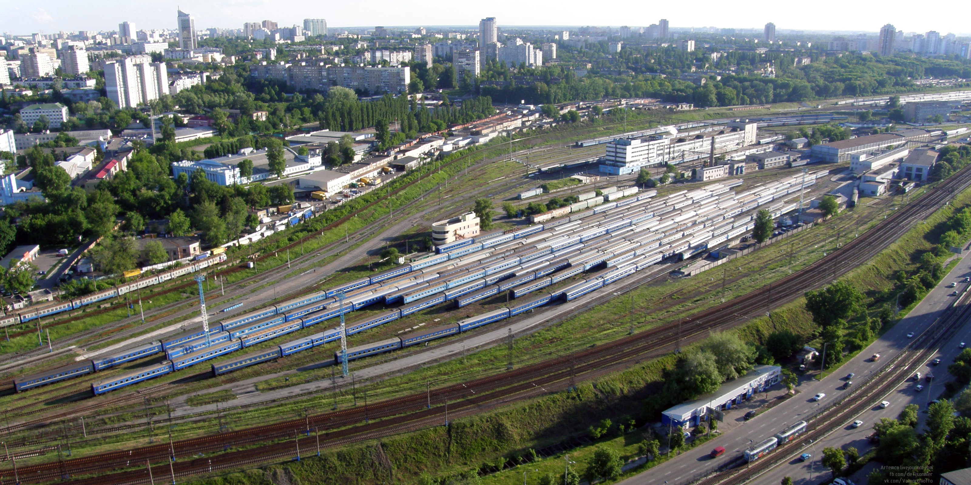 Archive aerial photo of the Kyiv passenger railway depot in May 2014.